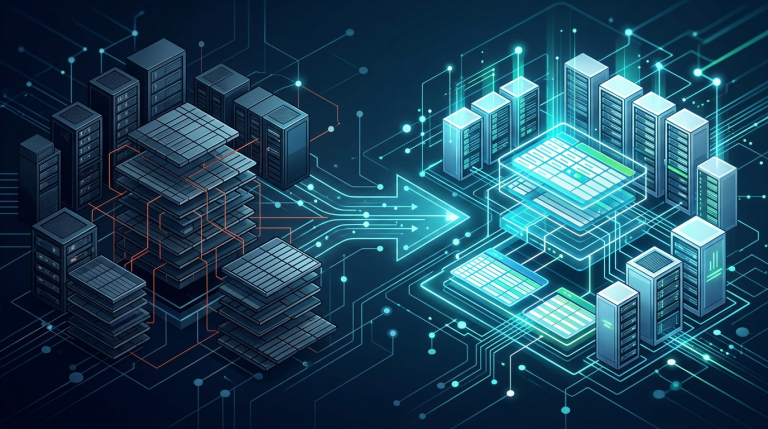 Abstrakte Darstellung einer IBM-i-Datenbankmodernisierung von DDS-Strukturen zu moderner SQL-DDL-Architektur