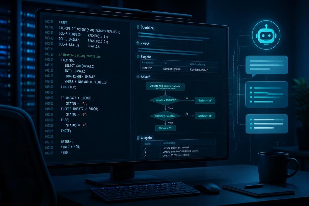 Entwickler nutzt KI, um RPG-Code in technische Dokumentation umzuwandeln.